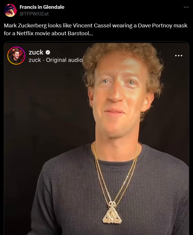 screenshot - Francis in Glendale Mark Zuckerberg looks Vincent Cassel wearing a Dave Portnoy mask for a Netflix movie about Barstool... zuck zuck. Original audio